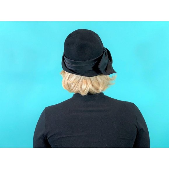 Vintage 1950s Black Fedora Henry Pollak Satin Bow Bucket Hat - Picture 9 of 10